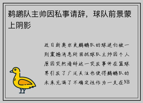 鹈鹕队主帅因私事请辞，球队前景蒙上阴影